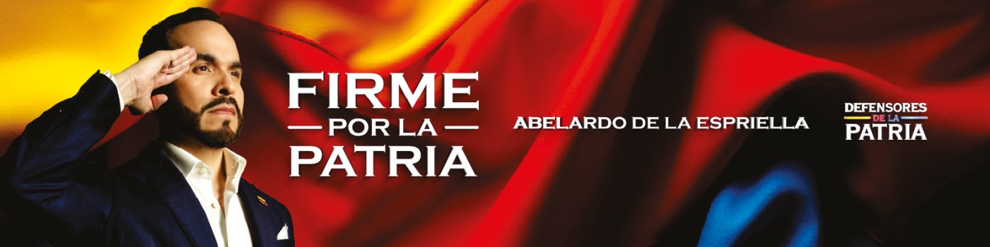 Campagnebanner van Abelardo de la Espriella saluterend voor de Colombiaanse vlag met de leuze Firme por la patria