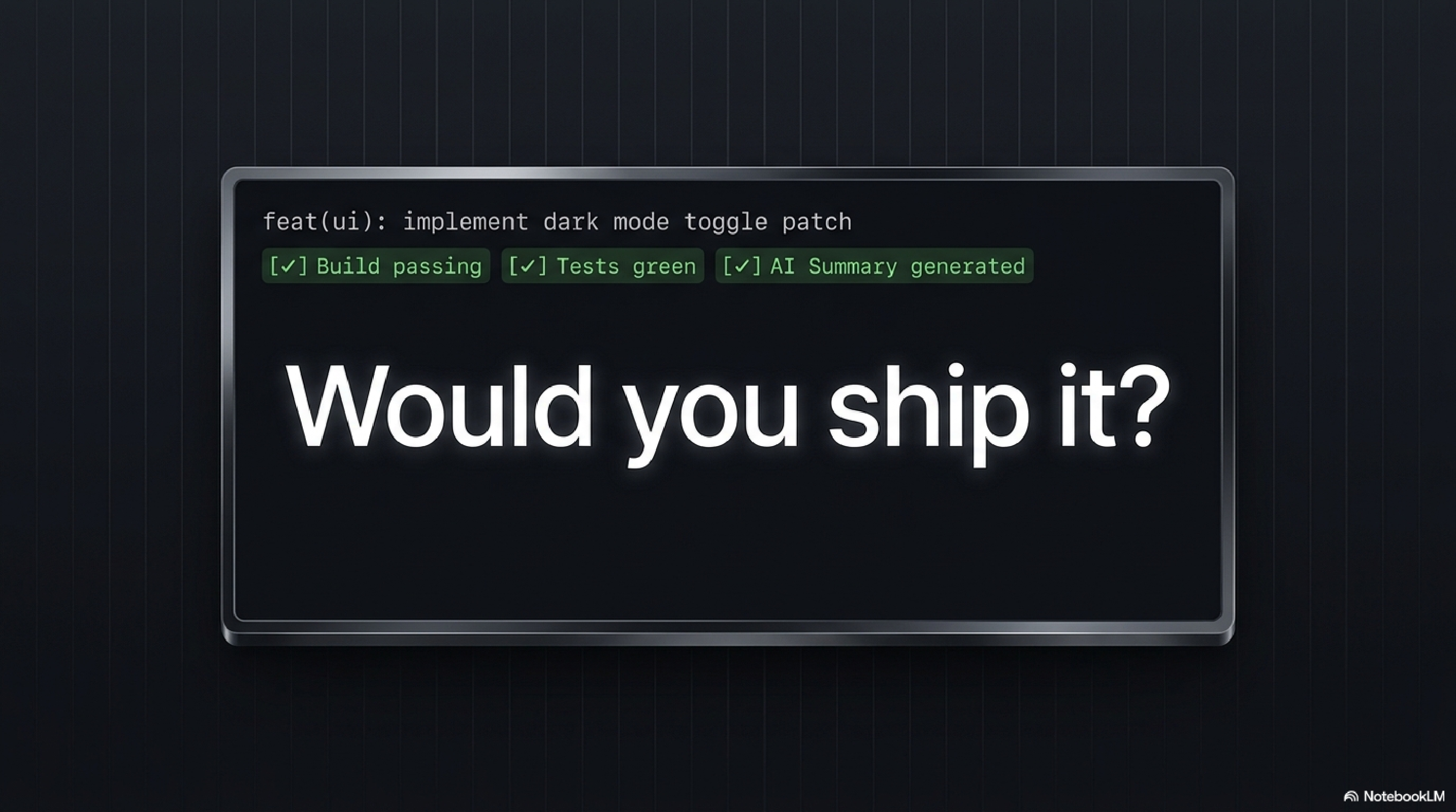 Illustratie met de vraag of je een AI-gegenereerde patch wilt releasen nadat build en tests groen zijn